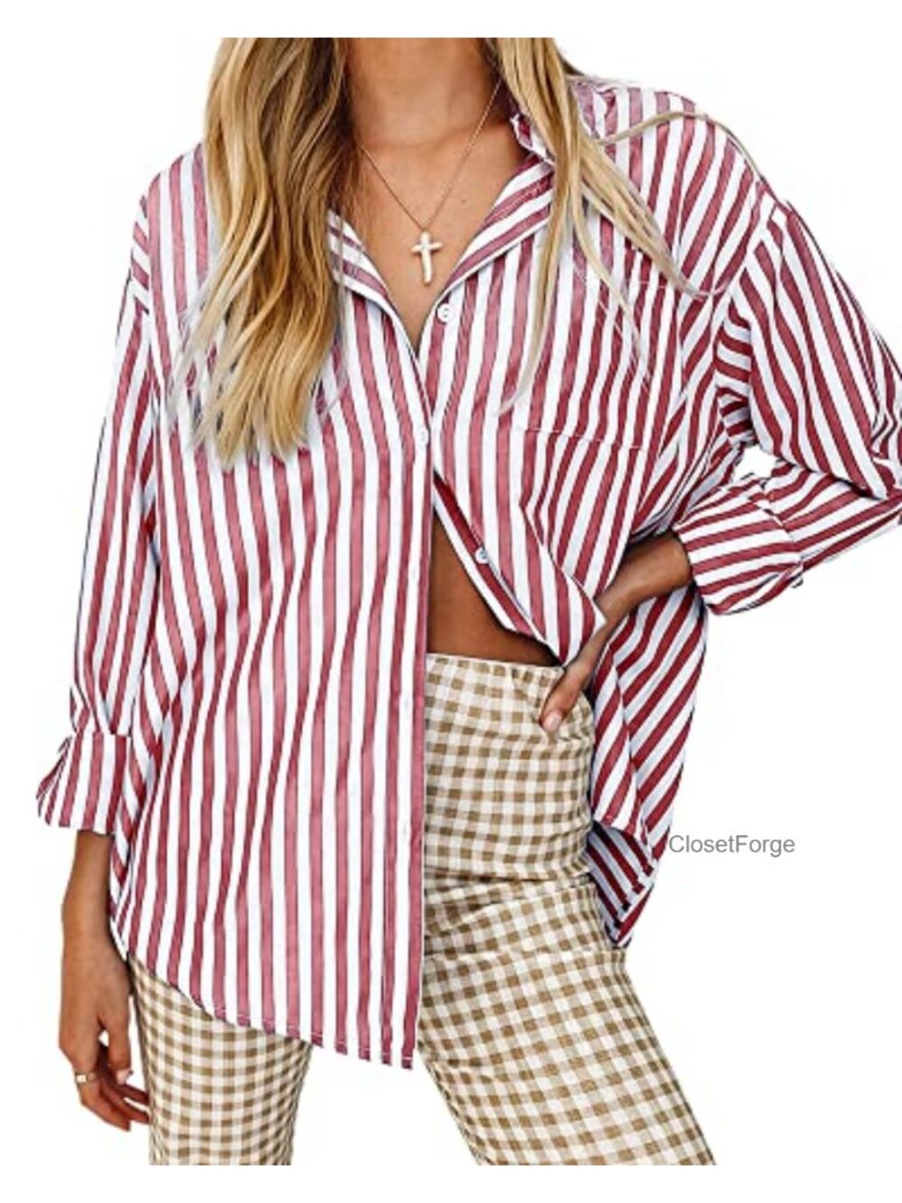 Striped Button Down Shirt Long Sleeve Casual Blouse Women Loose Fit with Pocket